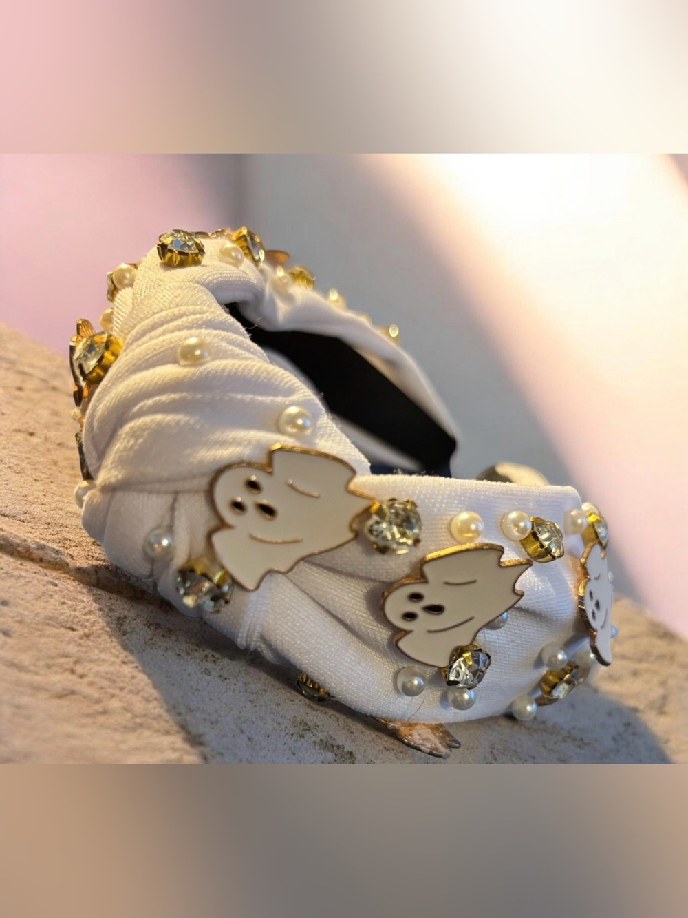 Hand Crafted Ghost Charm Headband with Faux Pearls & Crystals